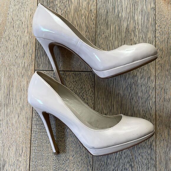 Patent Leather Stiletto Pumps Size 6.5 Nude Almond Closed Toe Platform - Picture 2 of 11